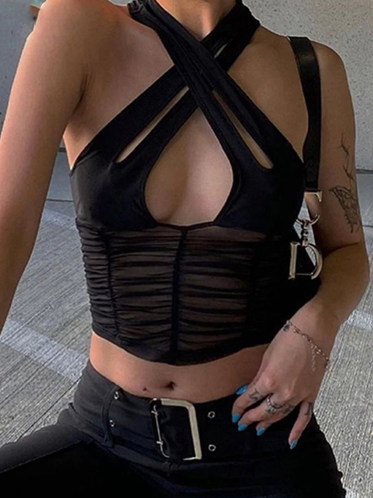 

Y2K Sexy Hollow Women Halter Tank Tops Sleeveless Ruched Patchwork Mesh Camisole Clubwear Fashion Solid Vest Outfit