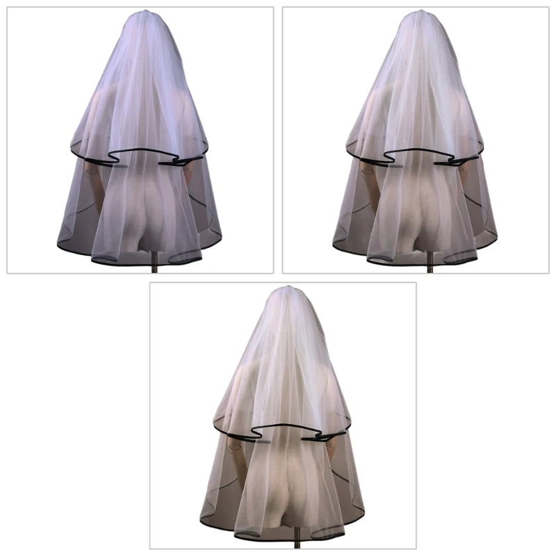 

Black Ribbon Trim Long Tulle Marriage Bridal Veil with Fix Hair Comb for Marriage Wedding Celebration Party Accessories