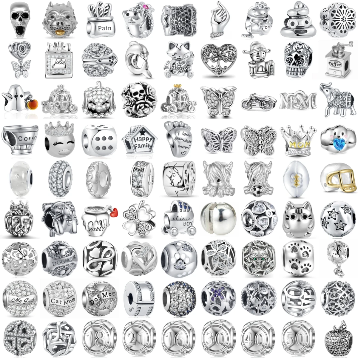 925 Sterling Silver European Charm Beads Fit Snake Bracelet DIY Jewelry Making Skull Butterfly Animal Number Bead Jewelry Gift