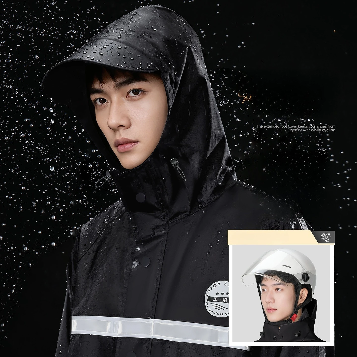 Long Raincoat Thickened PVC Waterproof Reflective Strip Motorcycle Rain Coat Outdoor Travel Hiking Rain Poncho Hooded Rainwear