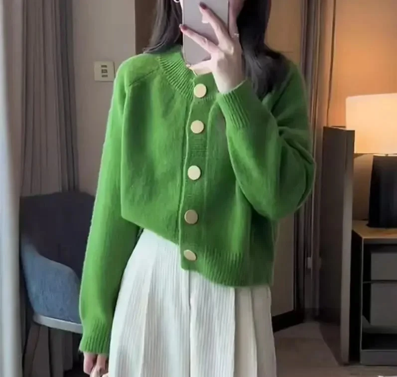 

Вязаная верхняя одежда с длинными рукавами и круглым вырезом, женский свободный кардиган, новый однотонный топ в осенне-зимнем стиле