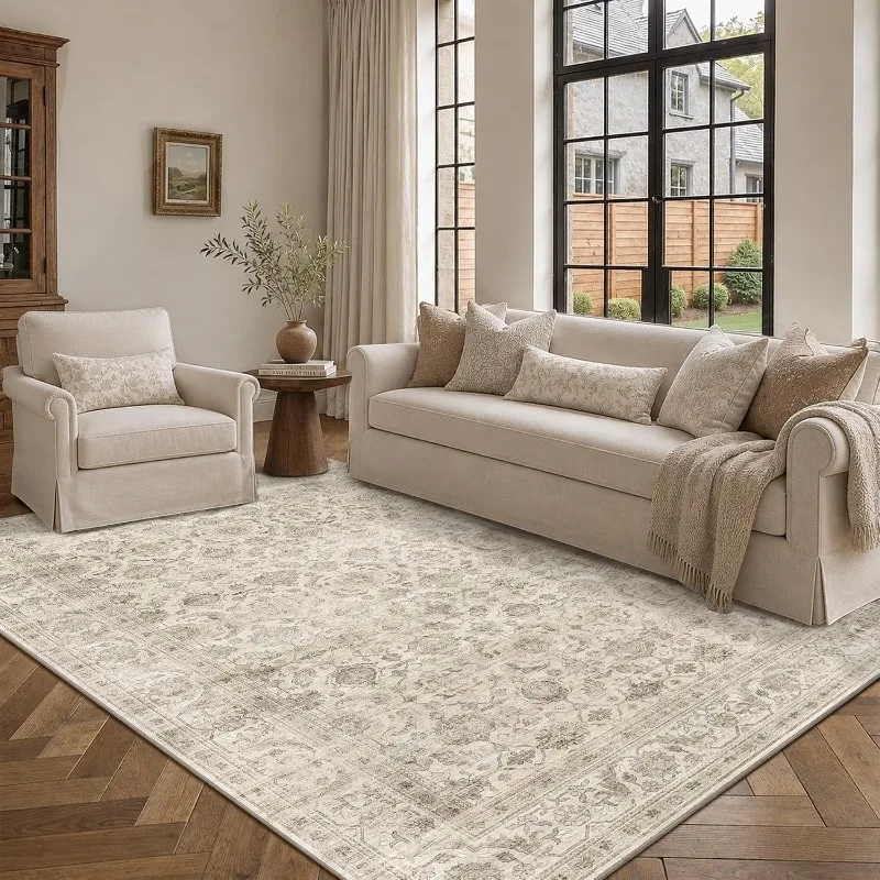 Vintage Persian Off Distressed Pattern Carpet for Living Room American Cream Medieval Style Rug Non-Slip Washable Home Floor Mat