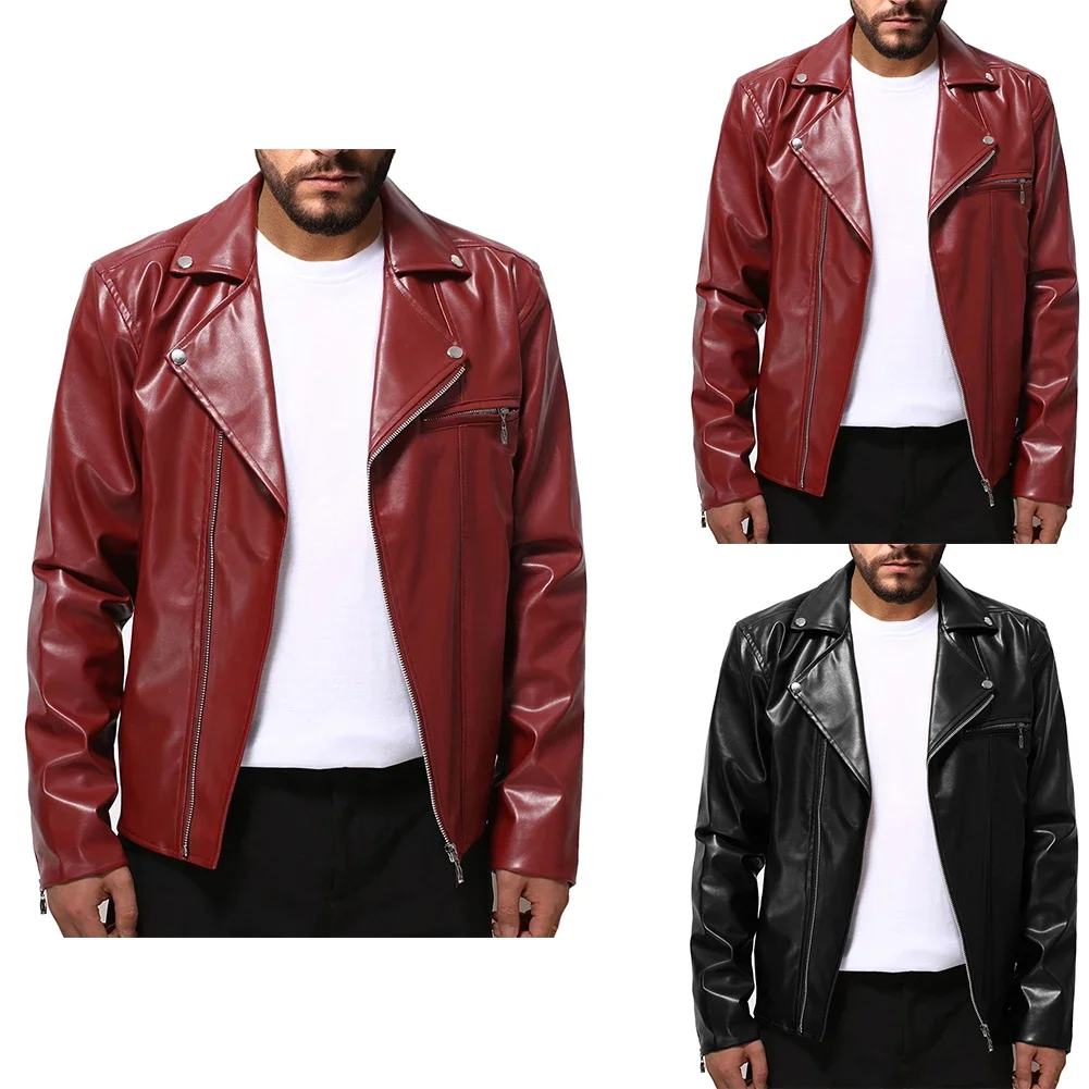 سترة رجالية من جلد البولي يوريثان بقصة ضيقة مع سحاب طية صدر السترة وأكمام طويلة ملابس خارجية على طراز فاسق للدراجات النارية لفصل الربيع والخريف #6
