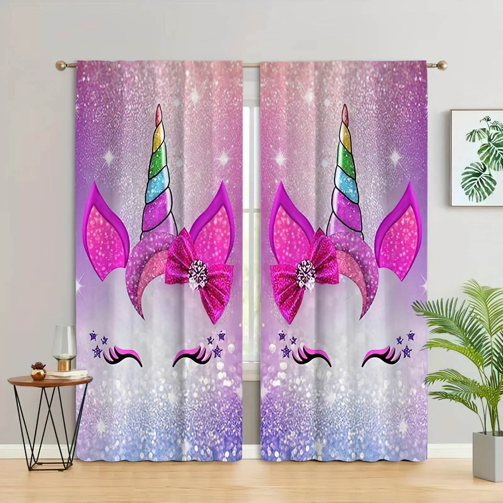 

Pink Unicorn Print Curtains, Kids Gift Bedroom Decoration Curtains, High Quality Semi-Blackout Curtains, Home Decoration 2PCS