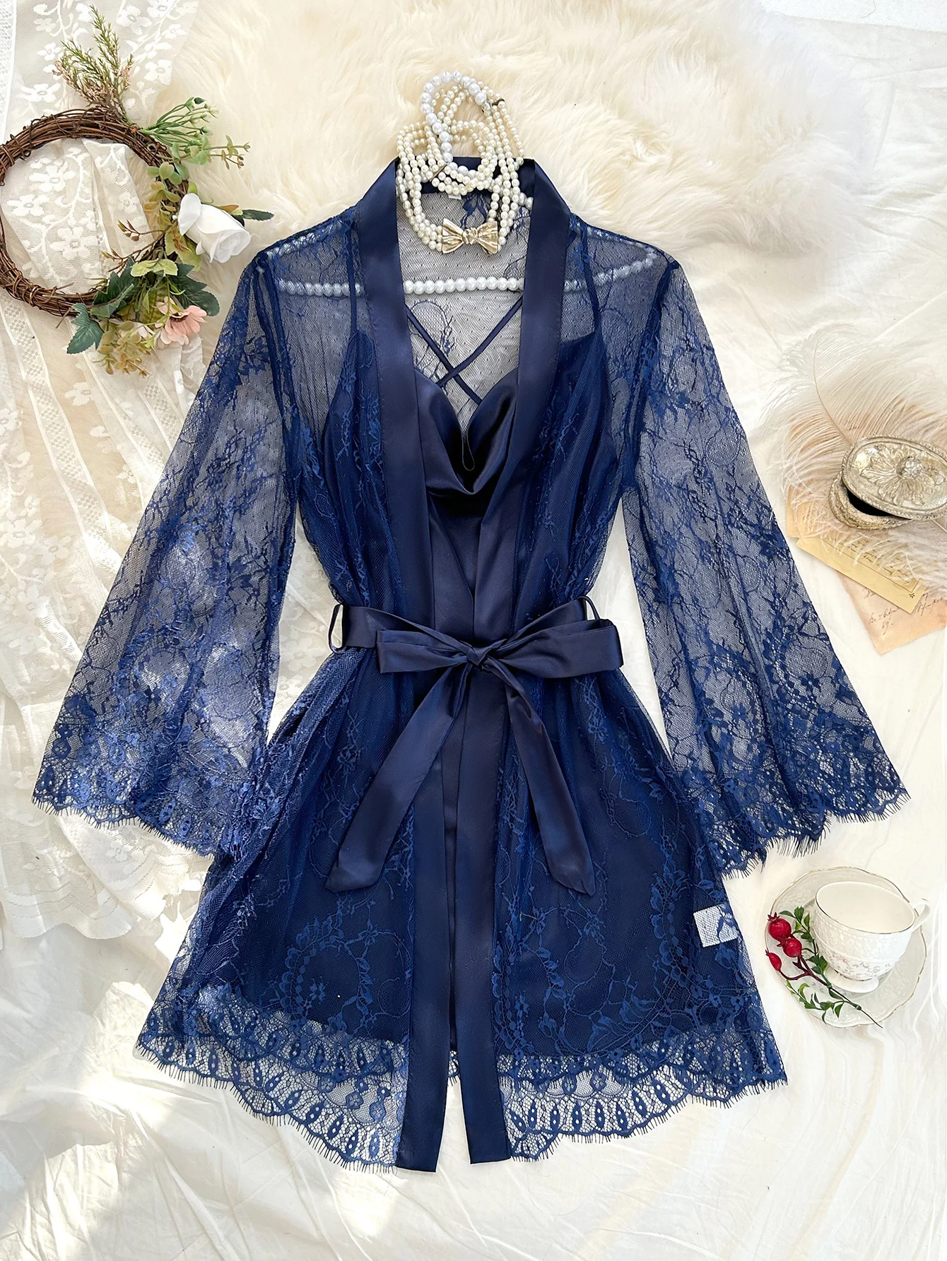 

Sexy Elegant Pure Color Mesh Nightgown Set Transparent Lace Robe Sleepwear Casual Comfortable Women's pajamas