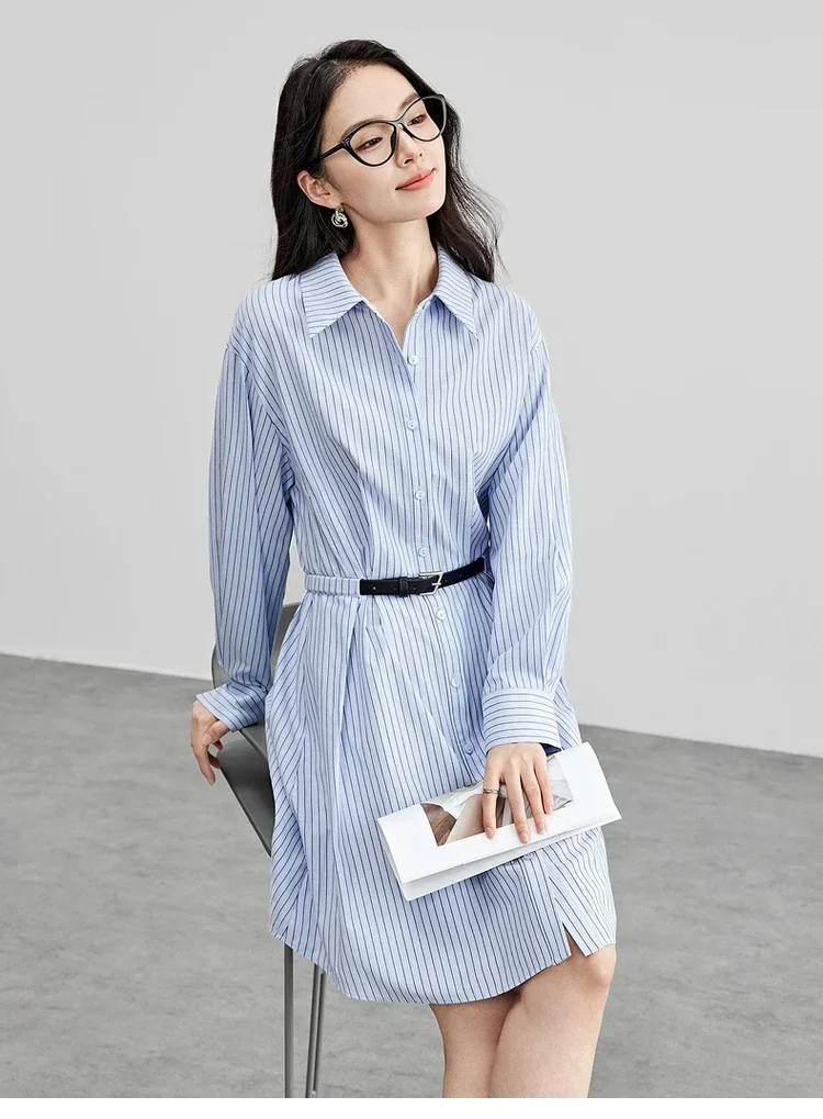 فساتين SENTUBILA النسائية المخططة للمكتب للسيدات على شكل حرف a من القطن بياقة مقلوبة وأكمام طويلة فستان ميدي مع حزام 2025 151L58148 #3