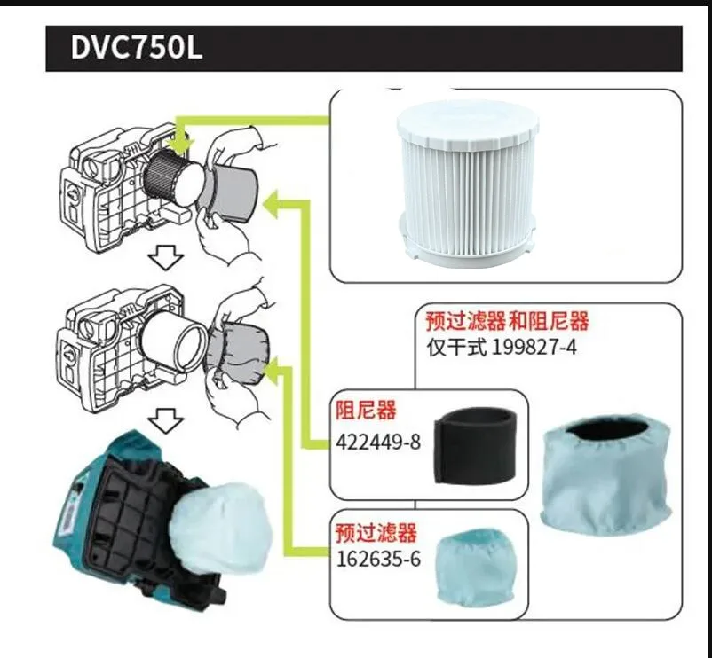 Makita DVC750L DVC750A DCV11Z HEPA filter dry type Pre-filter and 199827-4 Damper 422449-8 162635-6 XCV11Z Vacuum Cleaner