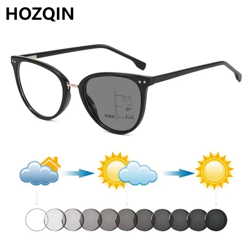 Fashion Insert Core Legs Women Photochromic Progressive Reading Sunglasses Female Retro Rivets Hyperopia Farsighted Dark Glasses