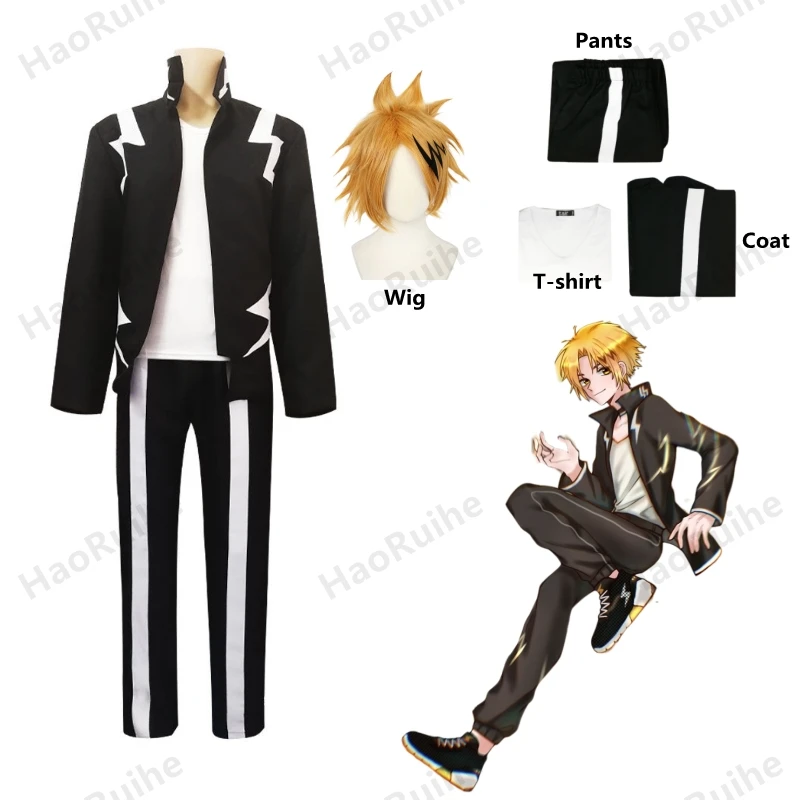 Косплей аниме My Hero Academia Kaminari Denki Косплей Костюм Короткий парик Шпилька Черная униформа Костюм Хэллоуин Вечеринка Костюм Наряд