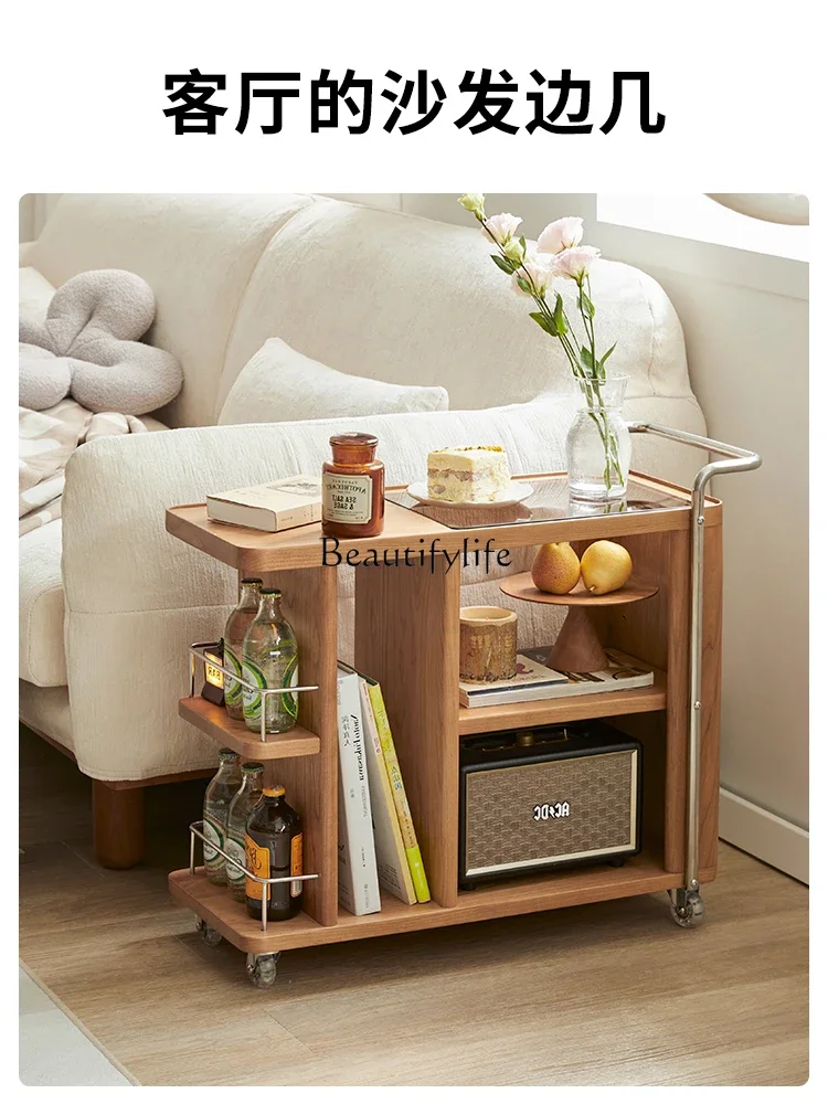 05 FG17Movable Cherrywood Coffee Table Living Room Sofa Side Cabinet Solid Wood Log Wind Pulley Trolley