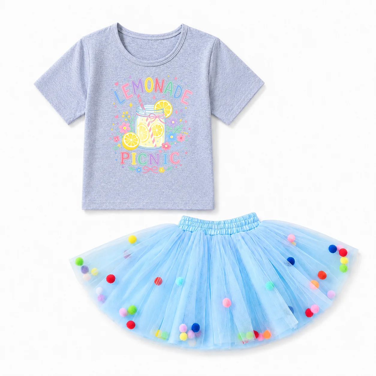 Kids Girls Lemonade Print Tee Fluffy Pom Pom Tutu Skirt 2 Piece Set Summer Casual Birthday Party Outfits