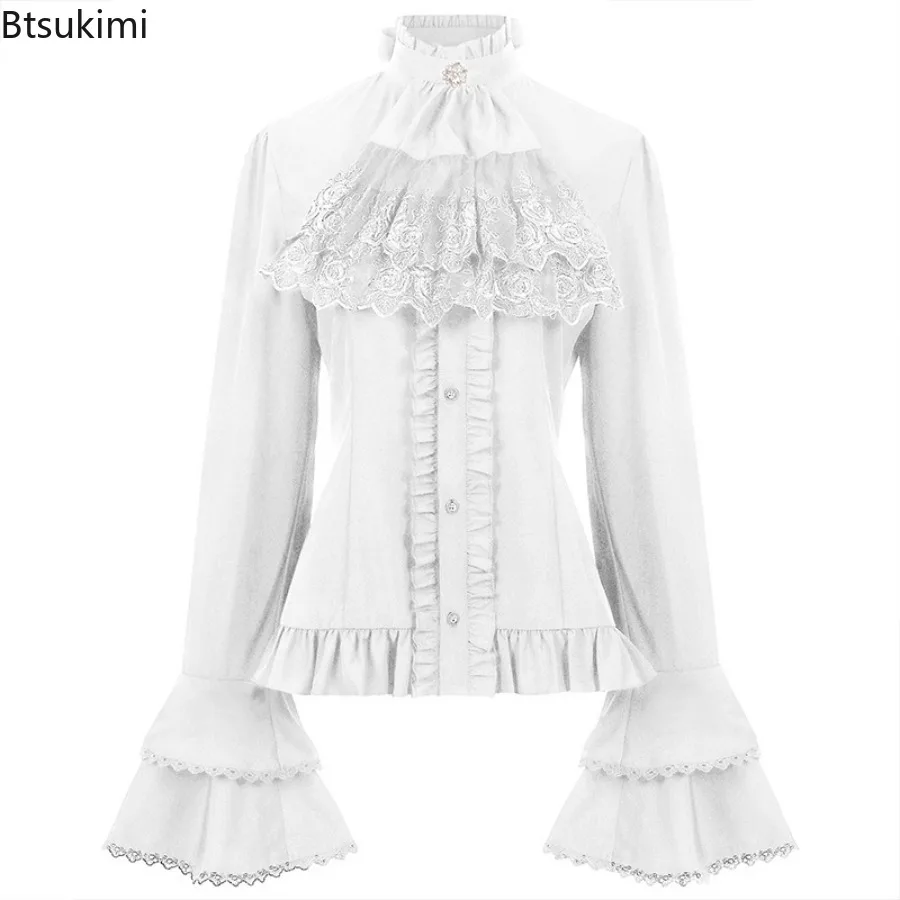 New 2026 Women's Retro Pleated Shirts Top Spring Black White Bottoming Blusas De Mujer Slim Fit Flare Sleeve Gothic Blouses Tops