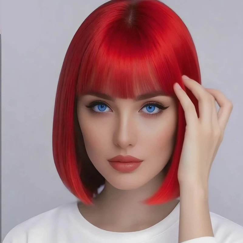 Women's 12 Inch Red Synthetic Wig with Bangs