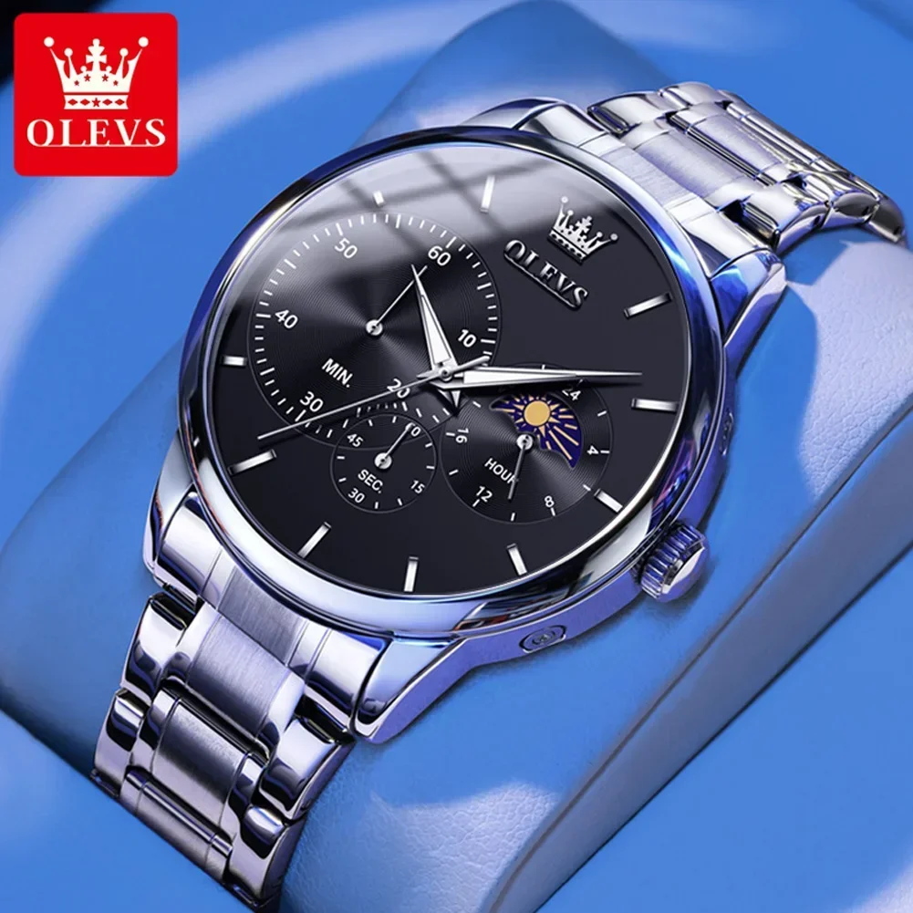 OLEVS Moon Phase Men\'s Watch Luxury Stainless Steel Man Chronogragh Quartz Wrist Watch Luminous Waterproof Watches for Men Clock