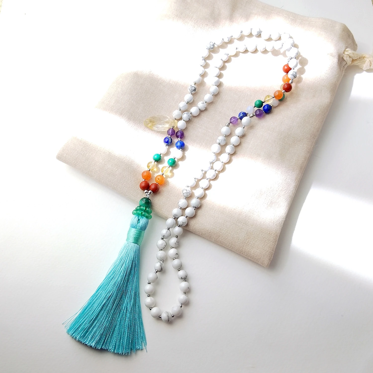 Lii Ji Natural Stone 6mm Howlite With 7 Chakras Beads Tassel Necklace 86cm Handmade Jewelry