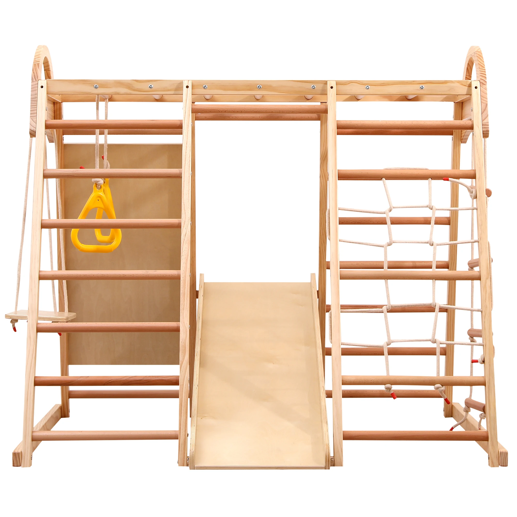 7-in-1 multi-function climbing frame, solid wood, plywood and beech wood. Swing, Climbing ladder, Climbing panels slide, One N