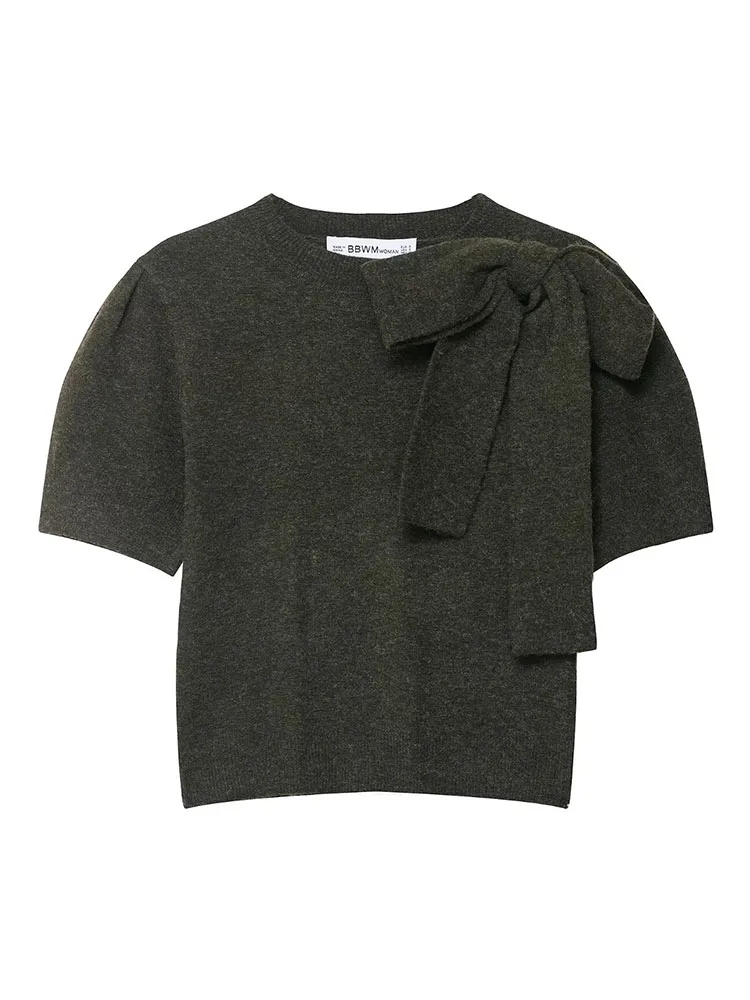 

HH Woman Early Spring Fashion Sweet Bow Decoration Short Sleeves Solid Color Knitted Pullover Top Female Casual Commuting Blouse