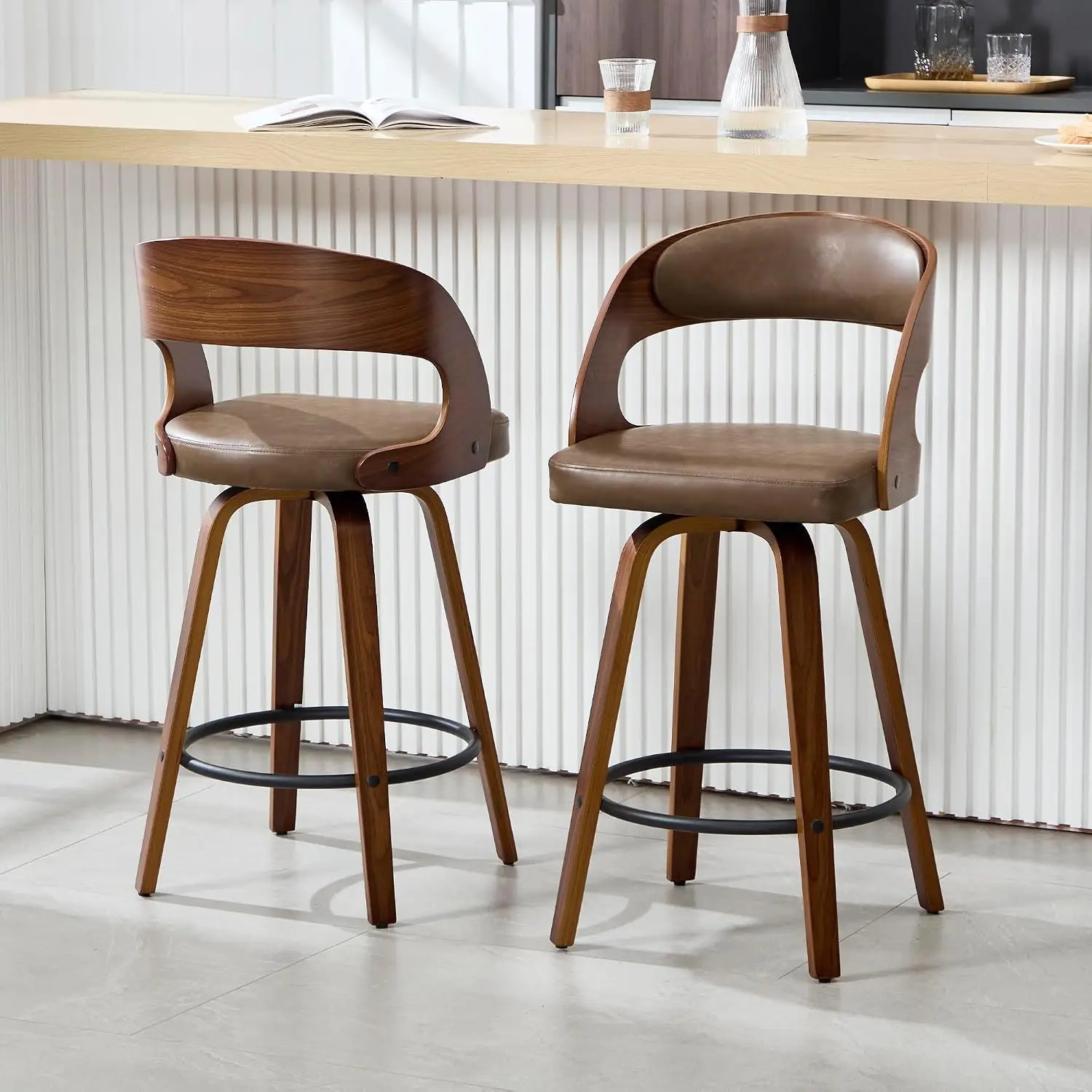 Set of 2 26 Inch Swivel Bar Stools, Coffee Brown Faux Leather Counter Chairs with Arms, Backrest, Footrest and Walnut Frame