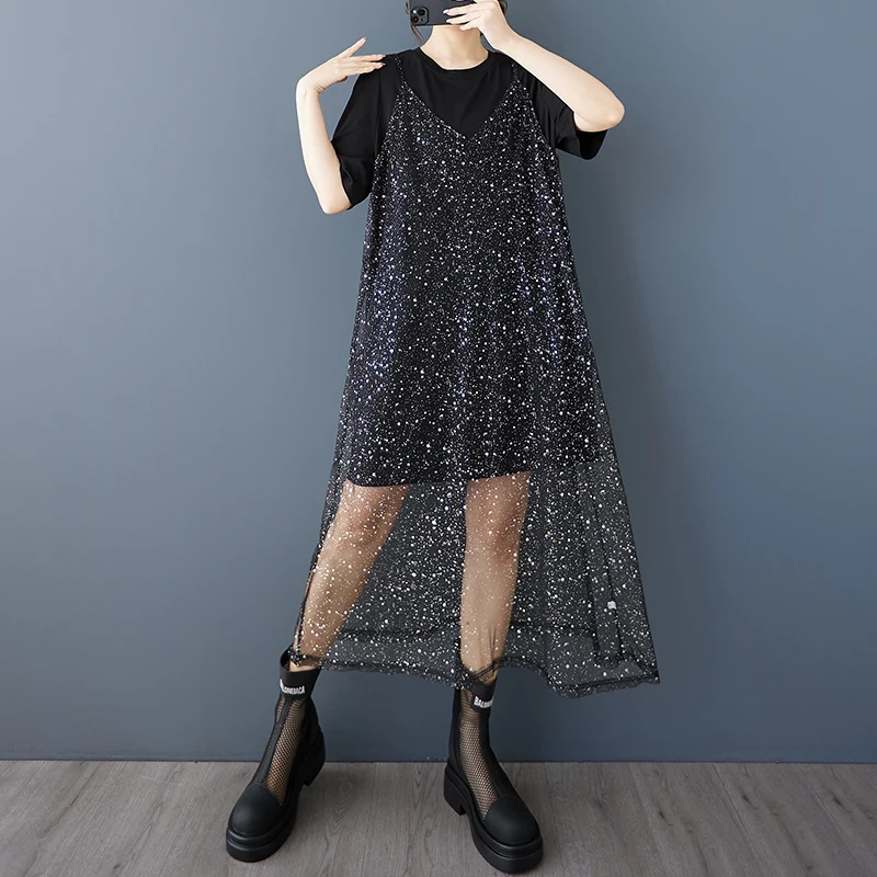 Été nouveau Design ample k Faion argent Me sangle couleur Pure t-shirt deux pièces ensemble jupe Midi boutonné tenues pour femmes