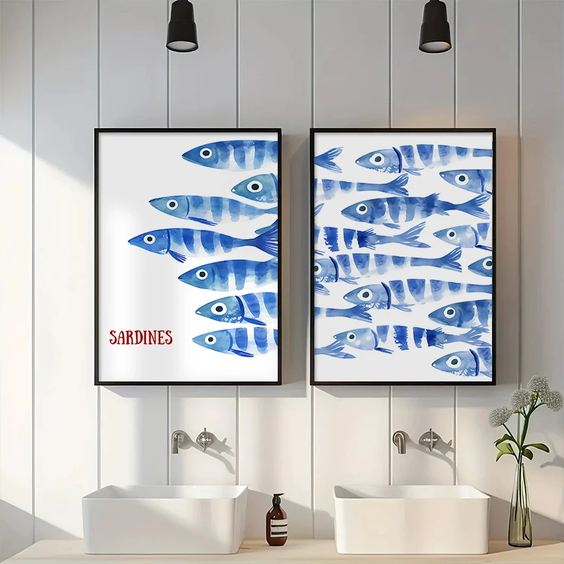 Watercolor Sardine Fish Wall Art Poster Blue Sea Canva Print Nautical Coastal Wall Decor Bathroom Home Decor Cute Ocean Art Gift