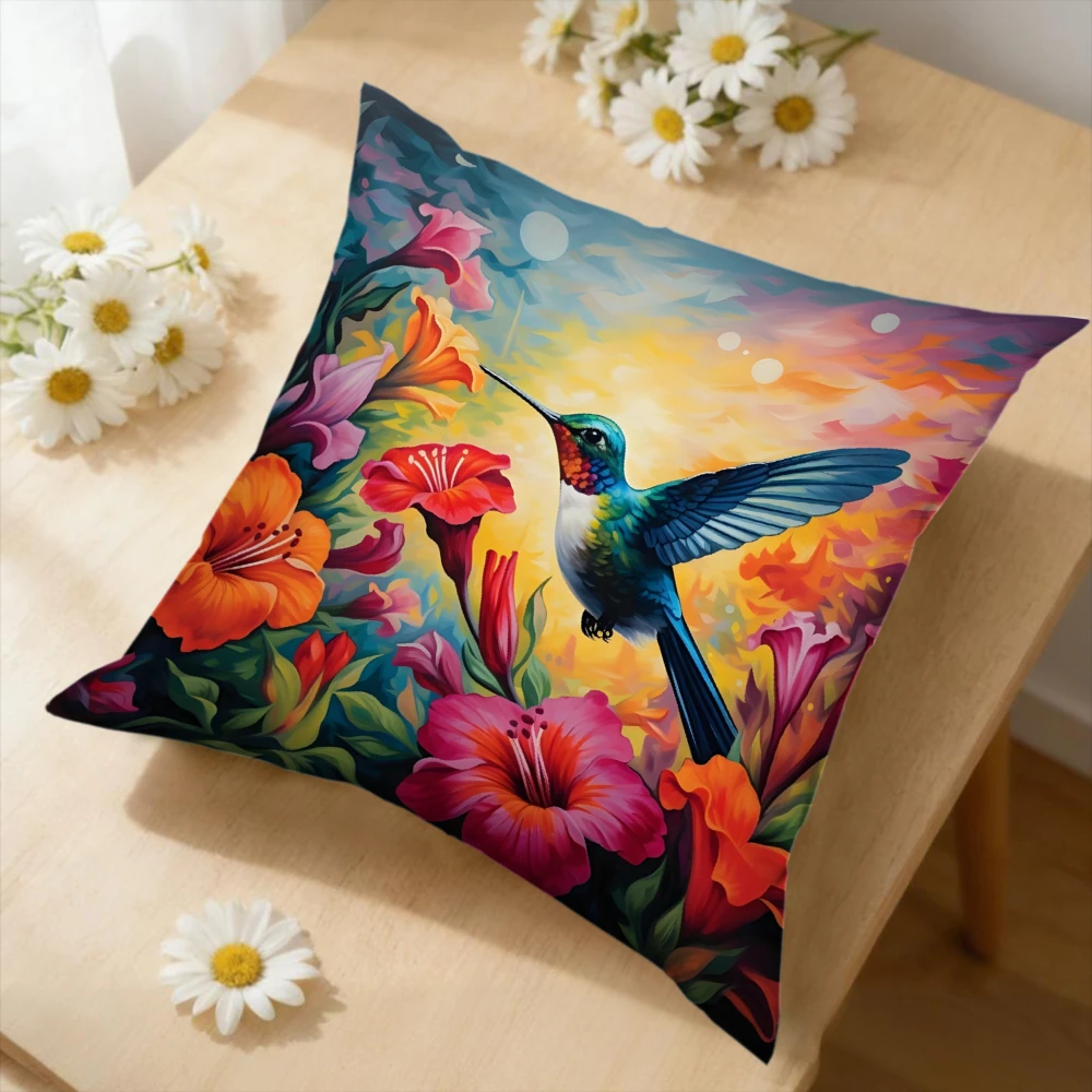 1Pc Vibrant Hummingbird Floral Cushion Cover Colorful Bird Flower Pillowcase For Sofa Bedroom Decorative Soft Home Accent