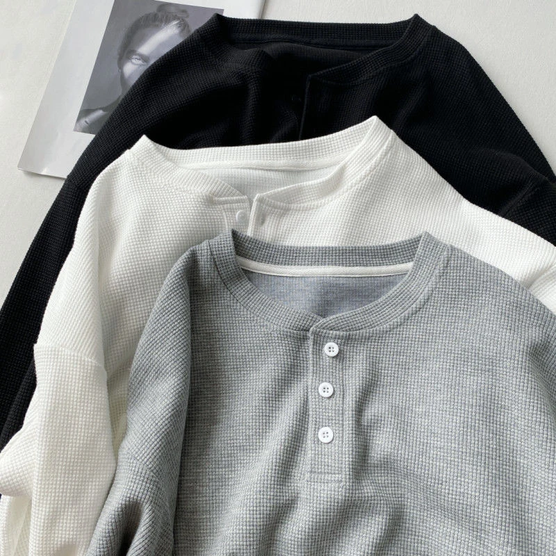 Waffle Button O Neck Oversized 2022 Spring Fall Long Sleeve Women T Shirts Korean Style Fashion Harajuku White Black Solid Tops