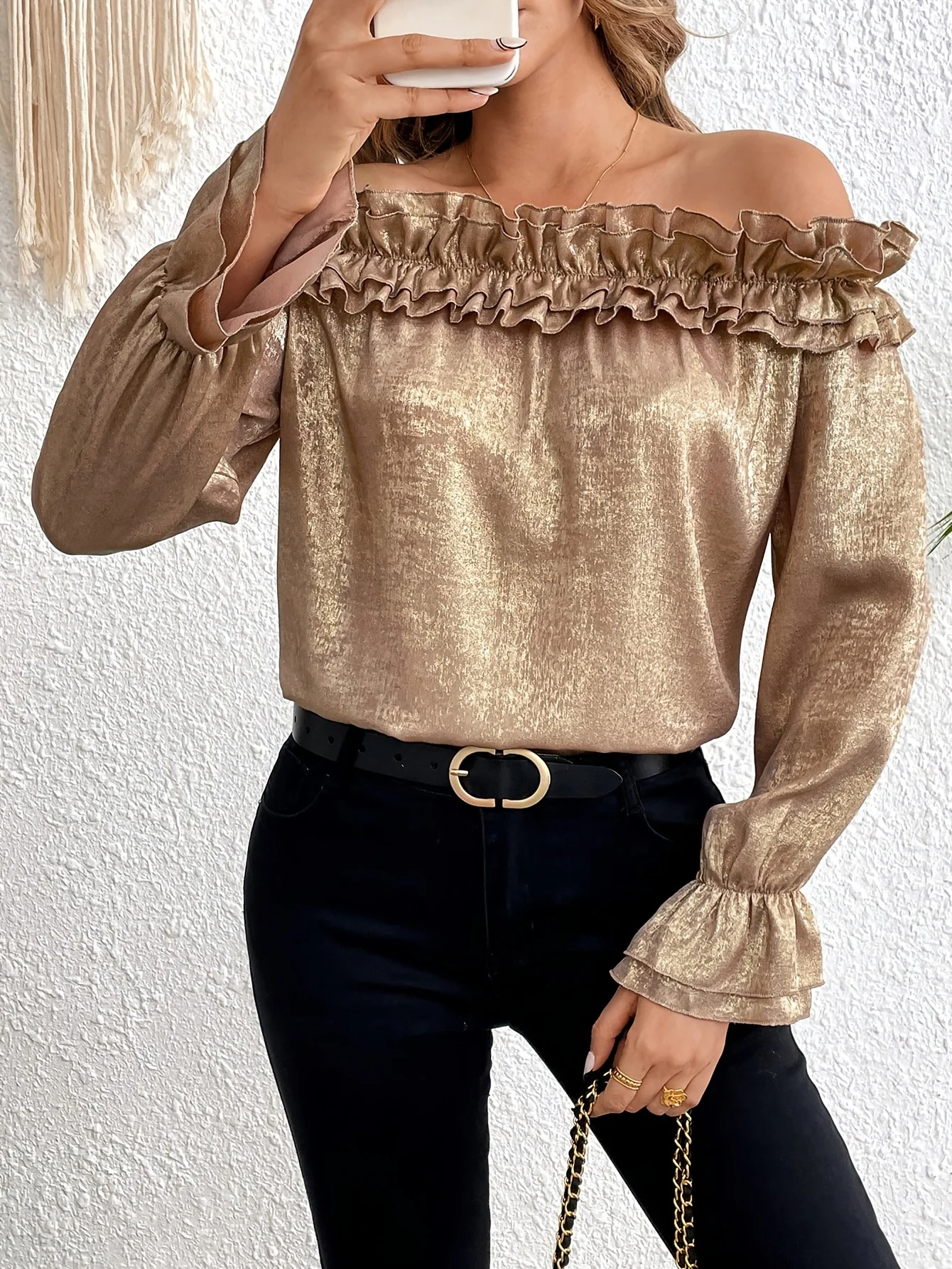 

Metallic Shimmer Gold French Elegant Off Shoulder Puff Long Sleeve Double Layer Ruched Ruffle Trim Blouse Womens All Season
