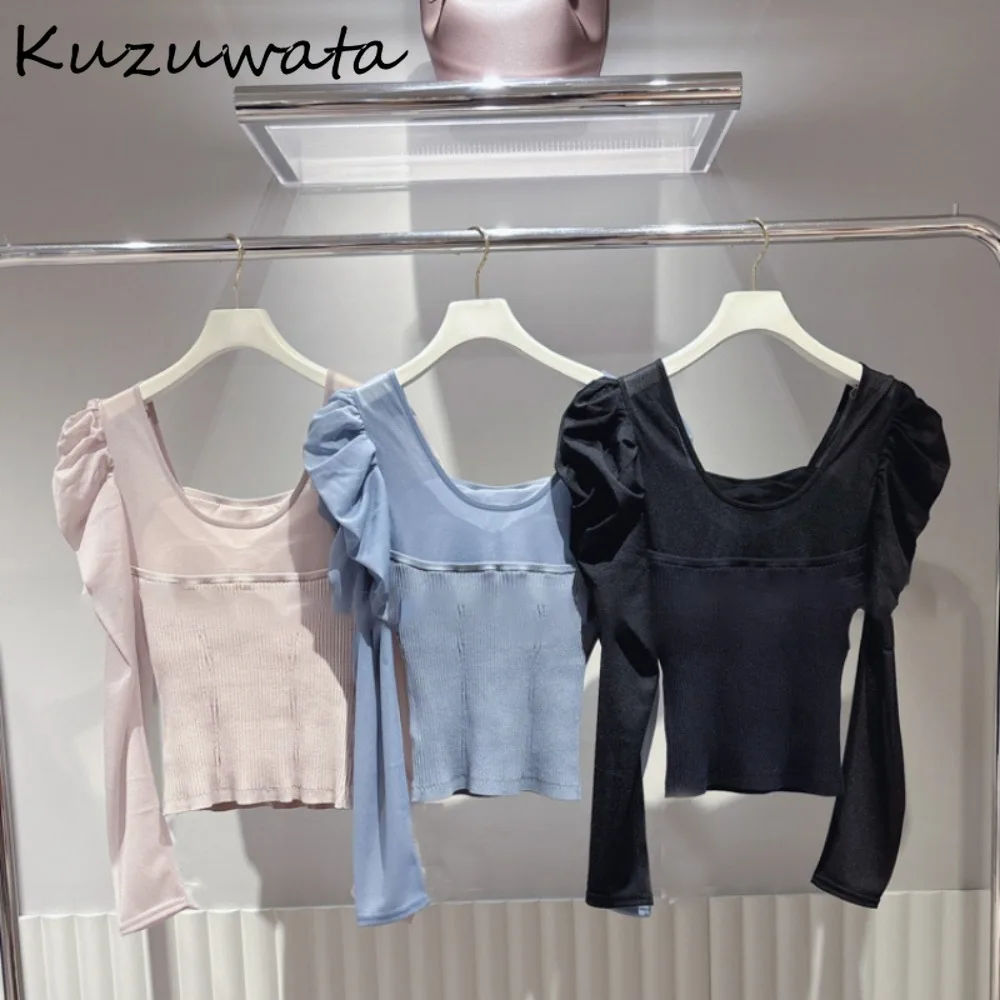 Kuzuwata Sweet U Neck Puff Sleeve Patchwork Jumper Backless Voile Elegant Slim Fit Pullovers Japan 2024 New Knit Moda Sweaters