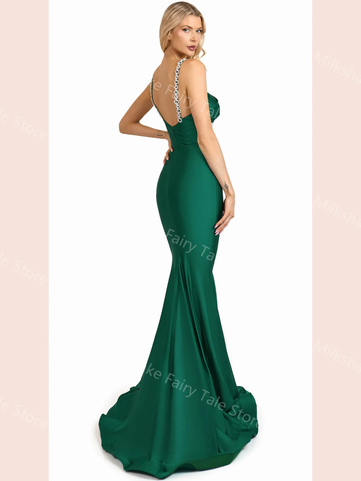 Sexy Green Evening Dresses Sweetheart Sleeveless Satin Mulheres Prom Vestidos Charming Sweep Train Personalizado Vestidos de festa formal