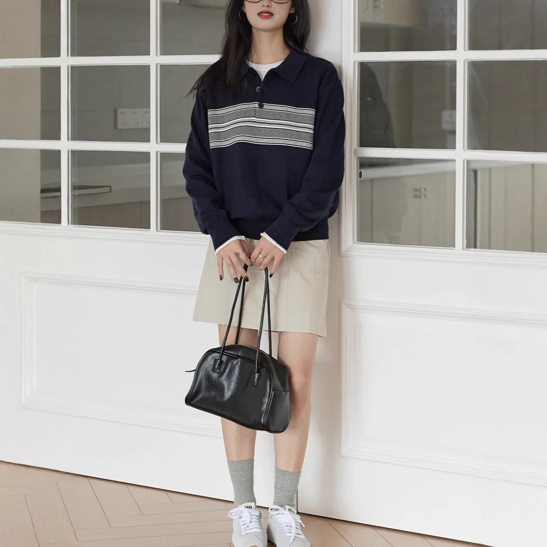 

8211 Old Money Style Turn-Down Top Autumn Winter Wool Blend Polo Collar Half-Open Chest Striped Color-Block Long Sleeve Sweater