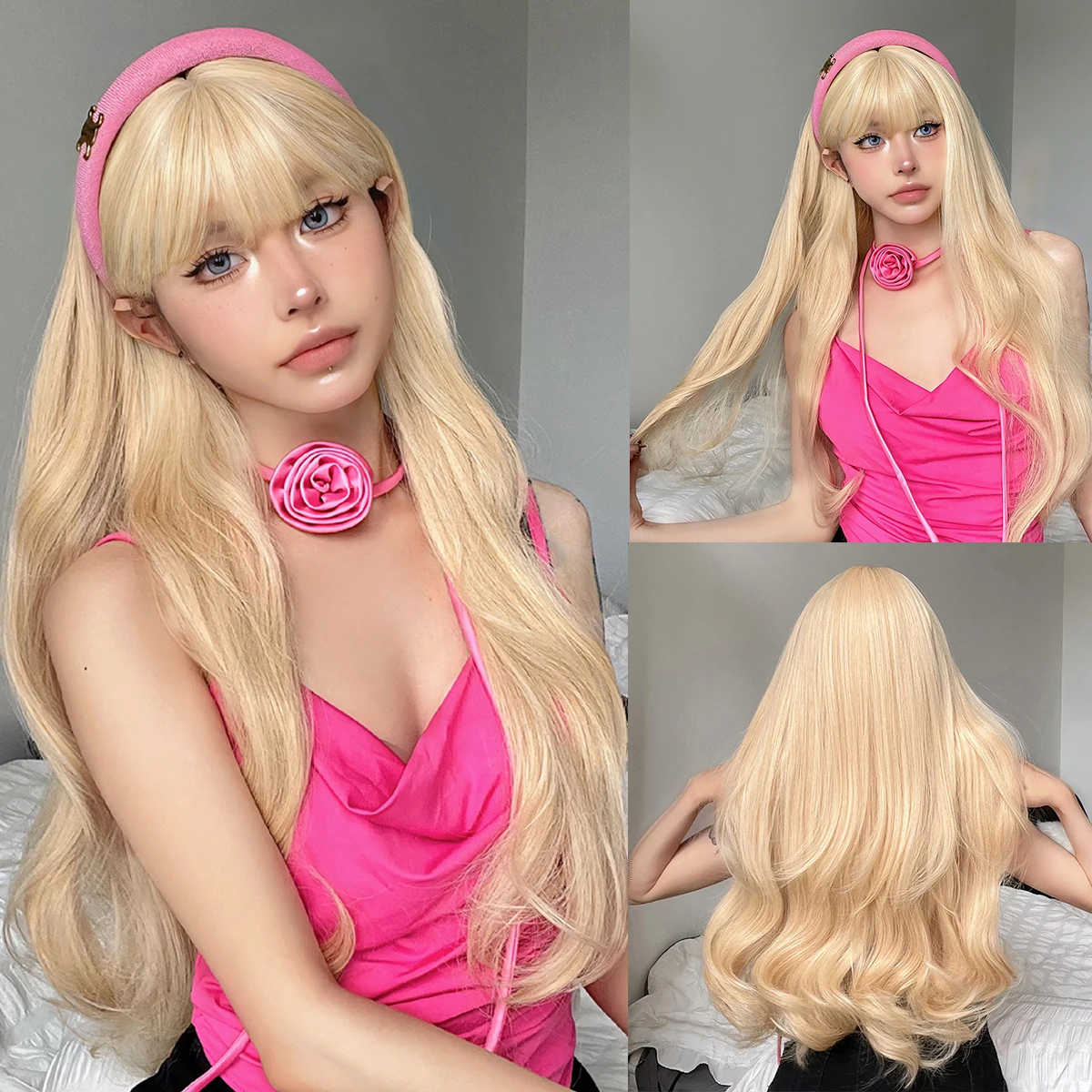 Easyhair wig sintetis pirang dengan poni untuk wanita panjang keriting alami Cosplay pesta penggunaan harian wig rambut serat tahan panas