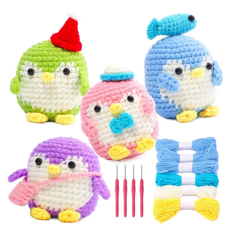 4Pcs DIY Crochet Penguin Kit With Hand Knitting Yarn Needles Plush Doll Easy(Blue,Green,Purple,Pink) Durable