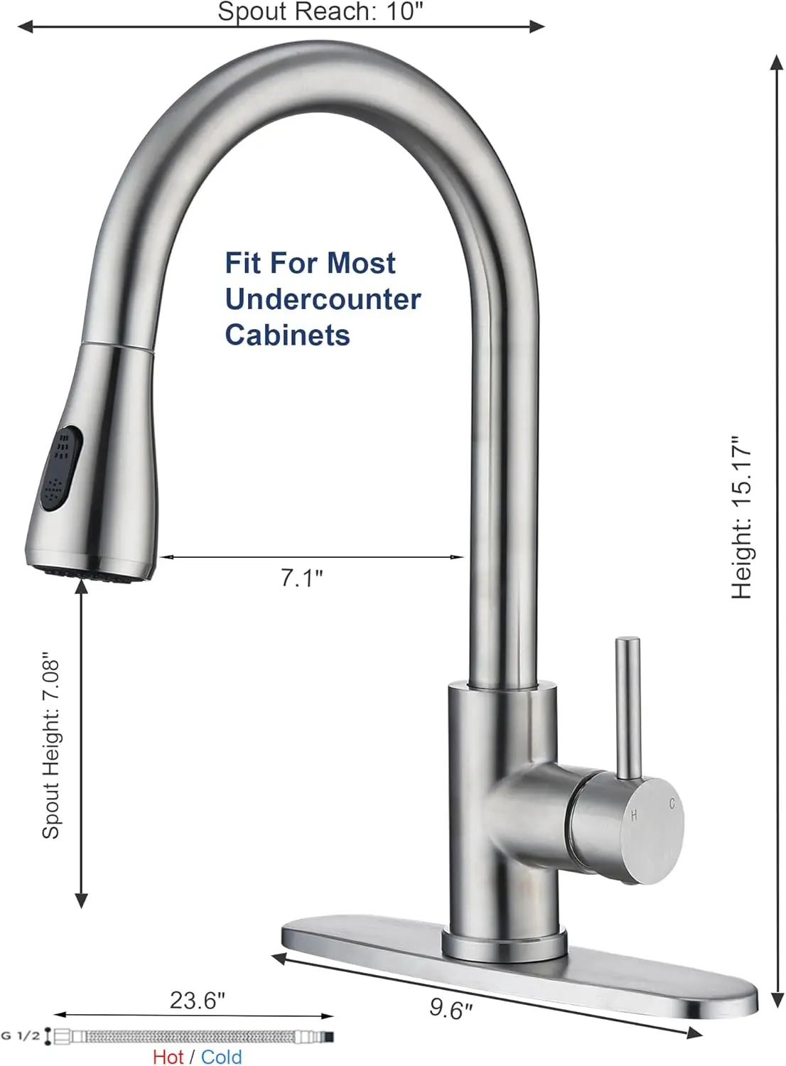 صنبور المطبخ مع بخاخ منسدل، نيكل مصقول، 360 درجة °   دوار، مقبض واحد، قوس عالي من الفولاذ المقاوم للصدأ، فتحة 1/3، منصة سطح السفينة