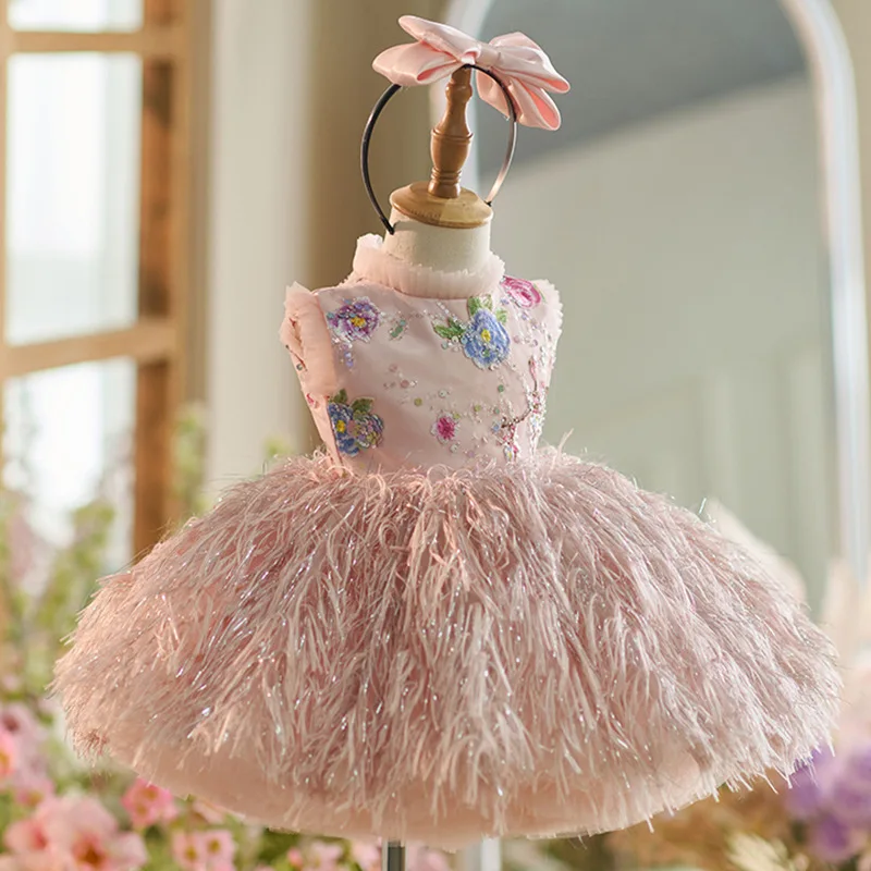 Pink feather embroidery pommel dress, high-end banquet baby one year party dress 0-10 years old girl dress in stock