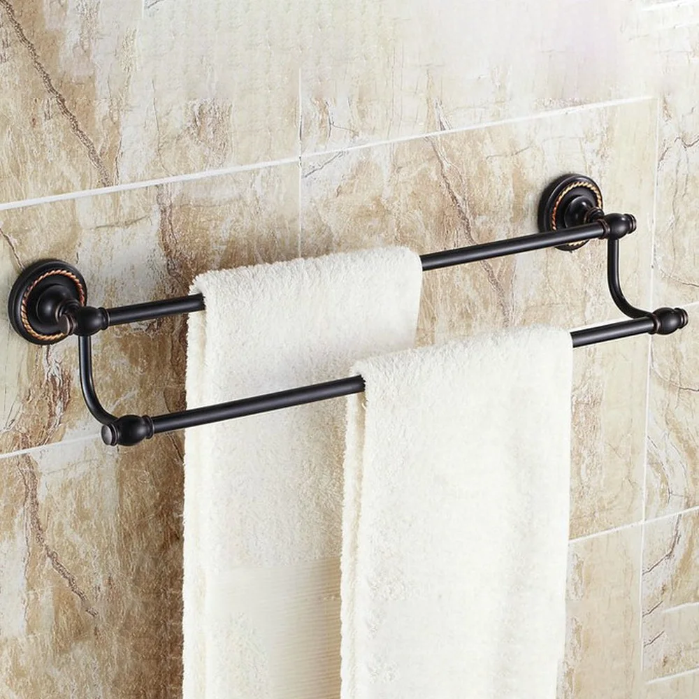 

Oil Rubbed Bronze Finish Towel Bars Bathroom Washroom Towel Rack Wall Mounted Space-saving Double Rod Household zba210