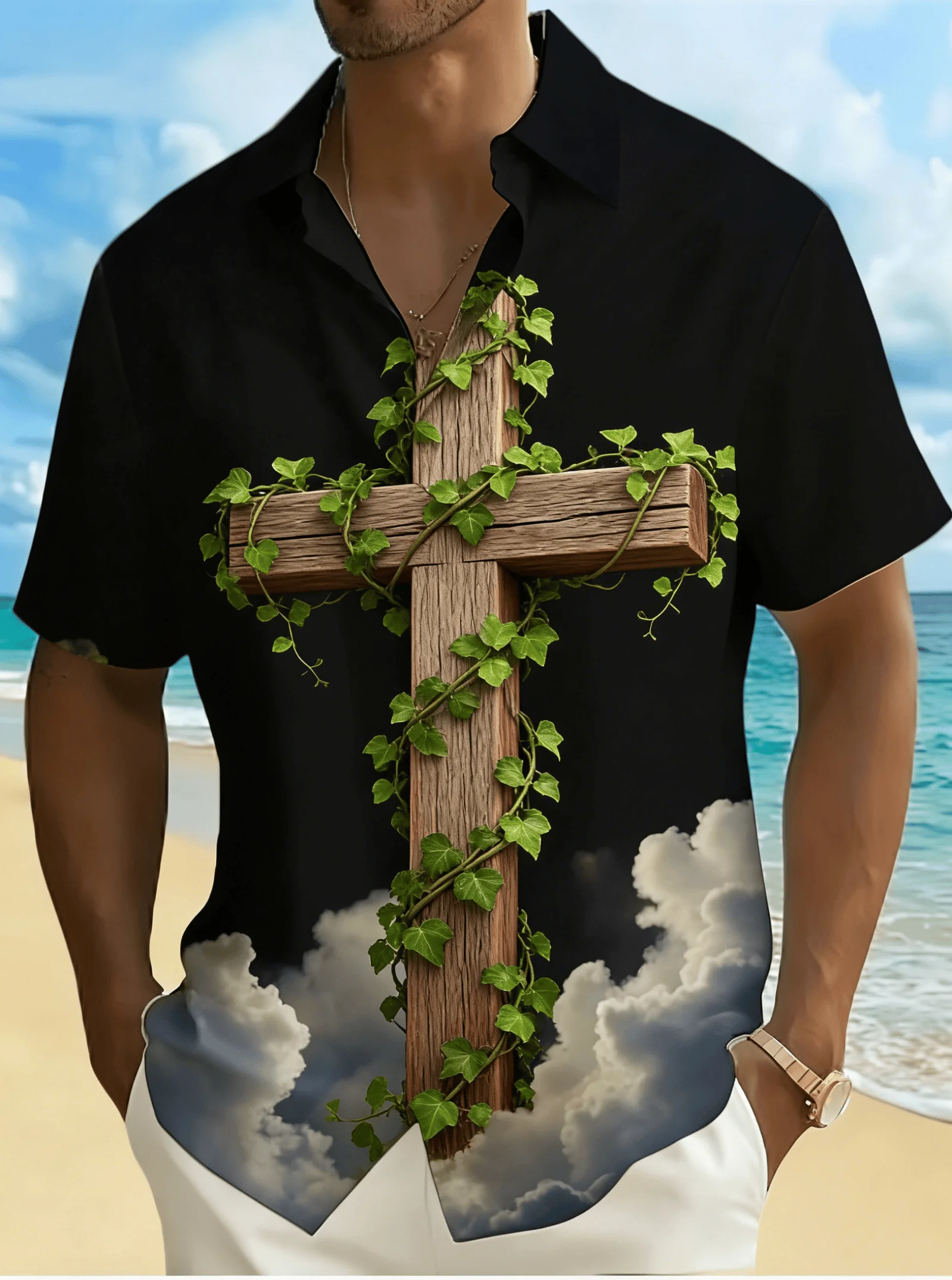 Men's Cross Gradient Print Short Sleeve Shirt, Spring Summer Religious Casual Blouse, Loose Casual Top