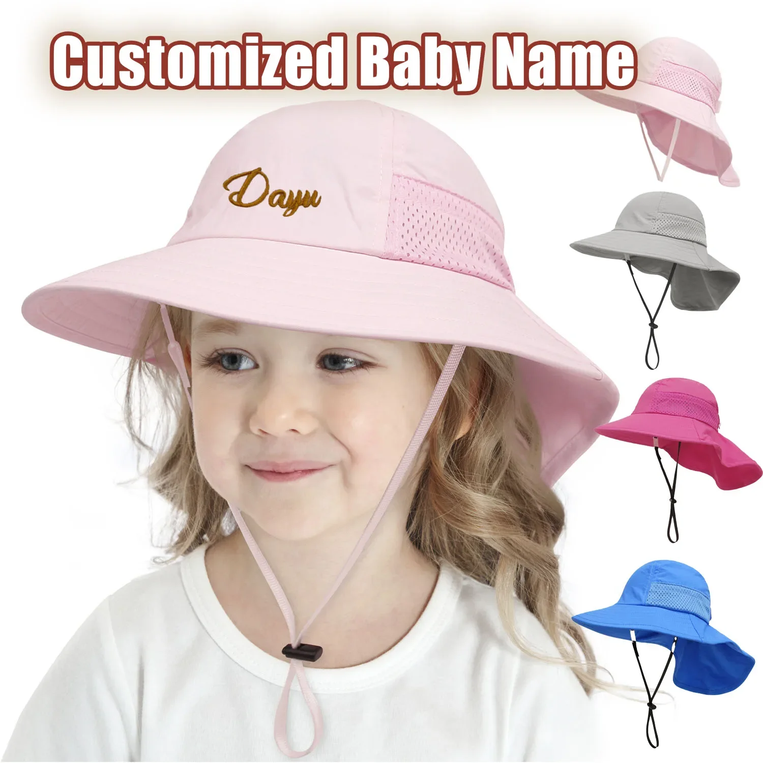 personalized Spring Summer Baby Hat Beach Sun Protection Neck Kid Hat for Girl Boy Adjustable Children Cap Baby Accessories 2-6Y