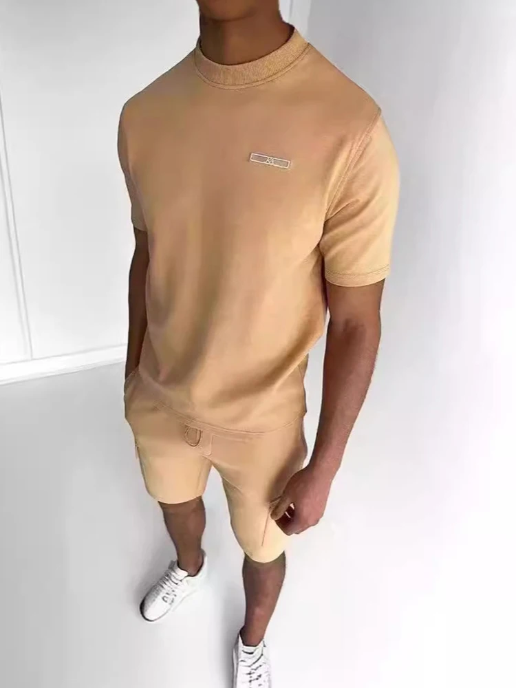 

Fashion Pure Color Two Piece Sets Mens 2025 Summer New Casual Short Sleeve O Neck Tees And Shorts Outfits Men Leisure Slim Suits