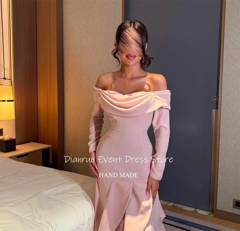 Dianruo Abito da sera asimmetrico rosa con volant in raso فسات intelliṁة con spalle scoperte Arabia Saudita Abiti Da Cerimonia Personalizzato