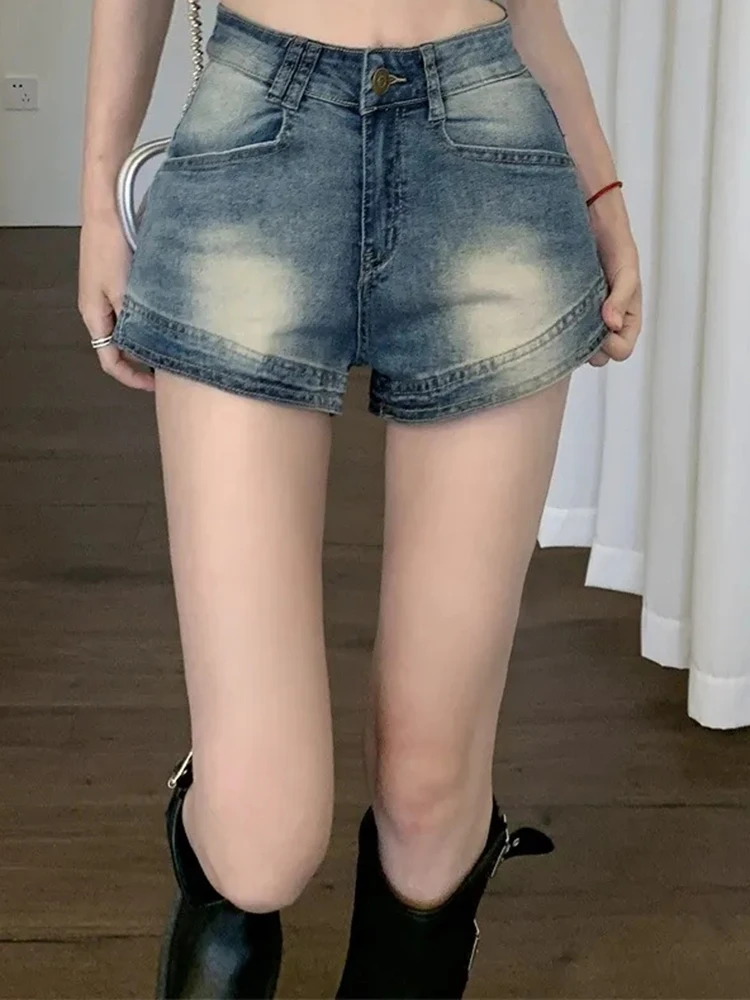 Female American Retro High Waist Shorts Woman Loose Washed Do Old Denim Sexy Mini Pants Girls Blue Baggy Wide Leg Short Jeans