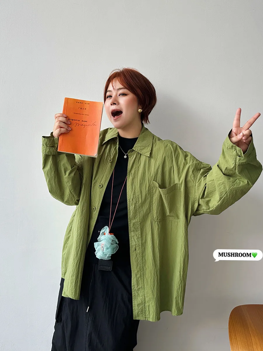 

Женская рубашка Mushroom Head Miss 2026: Новинка, корейский ретро-стиль, повседневная, свободного кроя, стройнящая, зеленая, с длинным рукавом, модная и универсальная