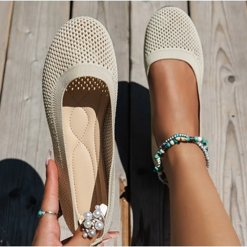 

New Women Round Toe Flat Shoes Solid Color Knitted Slip on Shoes Casual Breathable Ballet Flats Women Flat Shoes Loafers