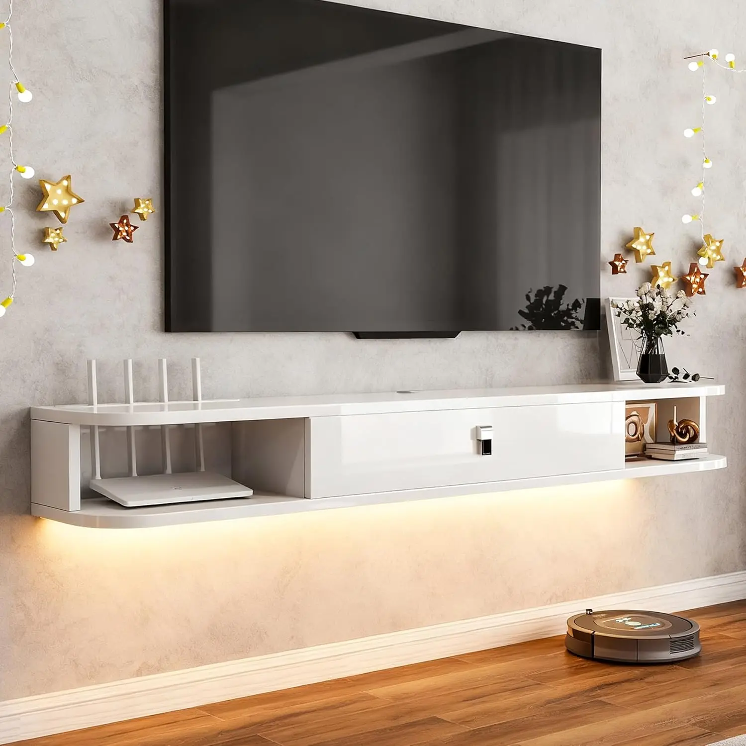 

55.1" Floating TV Stand with LED Lights High Gloss Media Console Wall Mounted Storage Shelf for 55 65 inch TV White, Customized