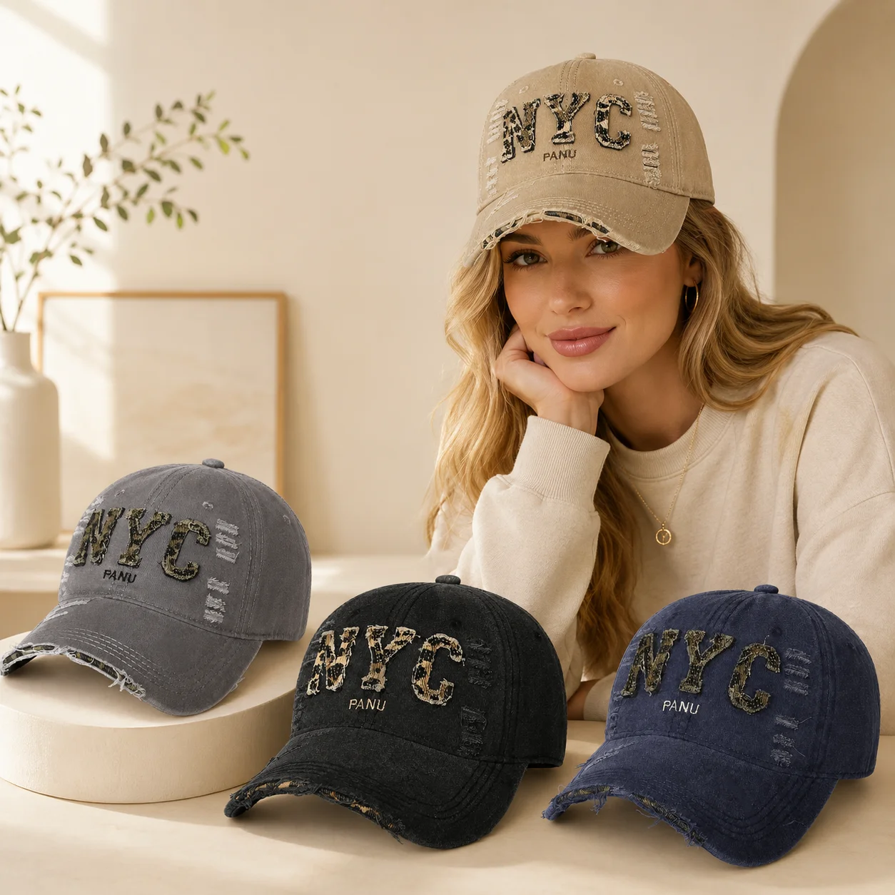 Embroidery Nyc - 레트로 디스트레스드 야구 모자 NYC 레오파드