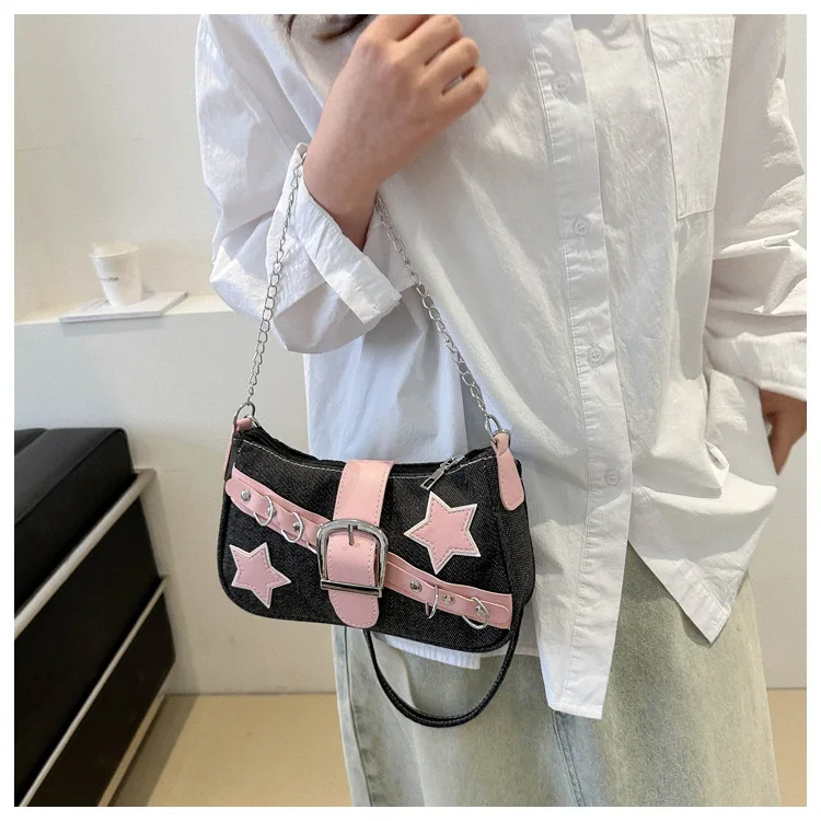 Contrast Color Star Women\'s Shoulder Bag Retro Chain Y2k Hot Girls Underarm Bags Metal Decoration Ladies Small Clutch Handbags