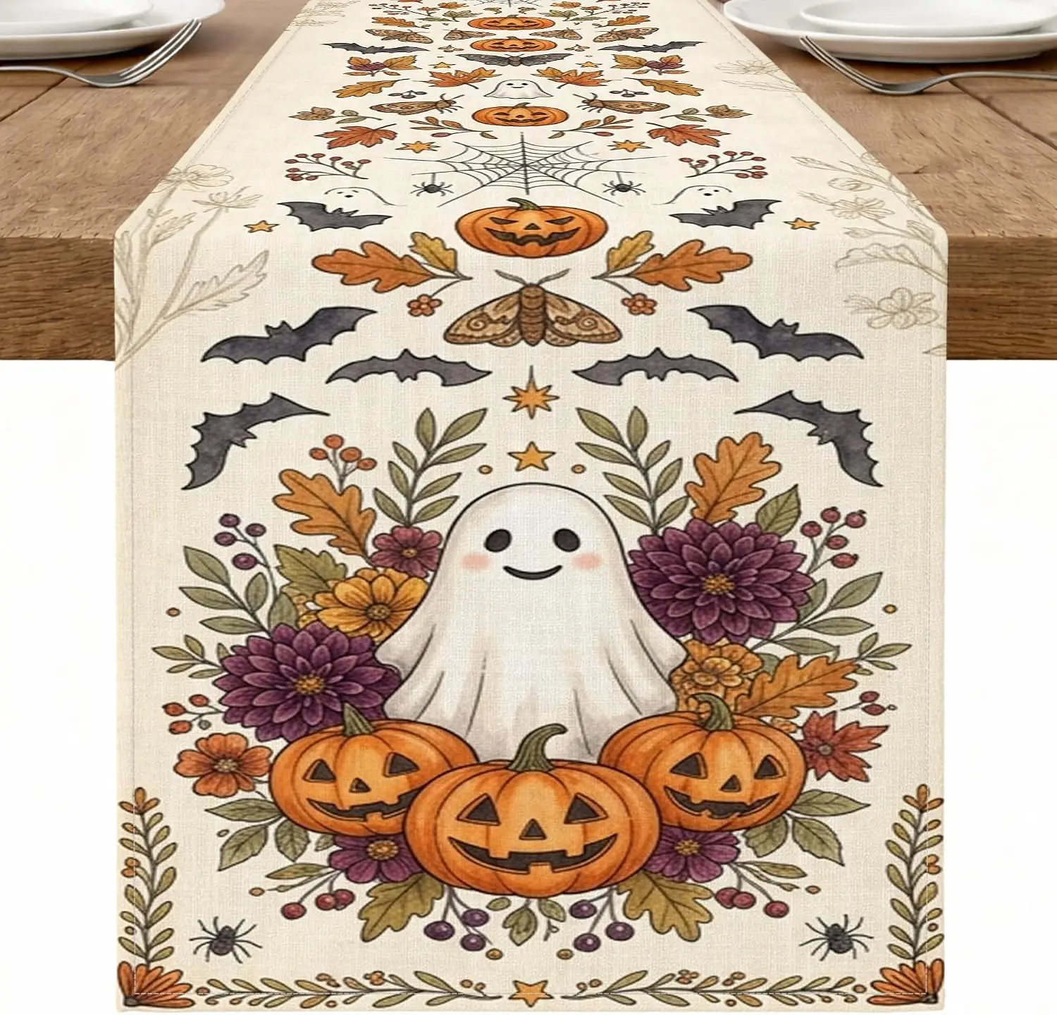 Halloween Ghost Pumpkins Bat Linen Table Runner Holiday Party Decor Reusable Kitchen Dining Table Runner Halloween Decorations