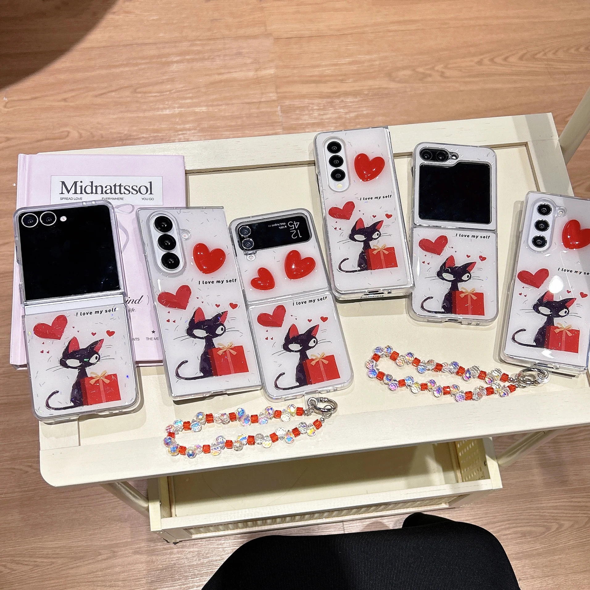 

Back Cover For Samsung Galaxy Z Flip 7 3 Fold 6 5 4 Case Glitter 3D Love Black Kitten Gift Bracelet Chain Shockproof Phone Case