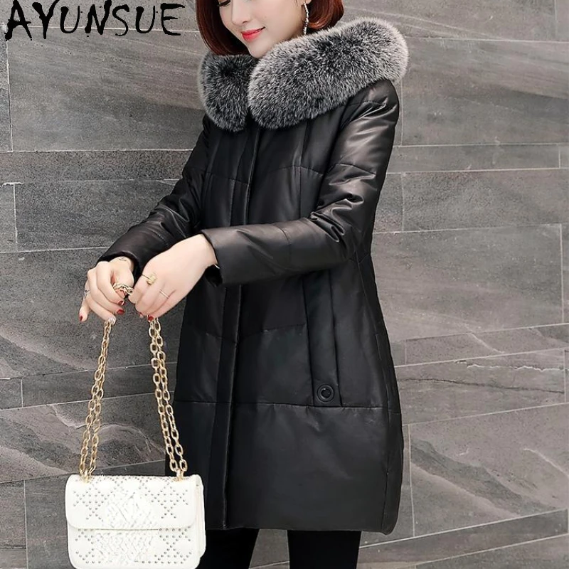 

AYUNSUE Genuine Leather Jacket Women 2023 Winter Mid-length Real Sheepskin Coat Hooded Fox Fur Collar White Duck Down Jackets