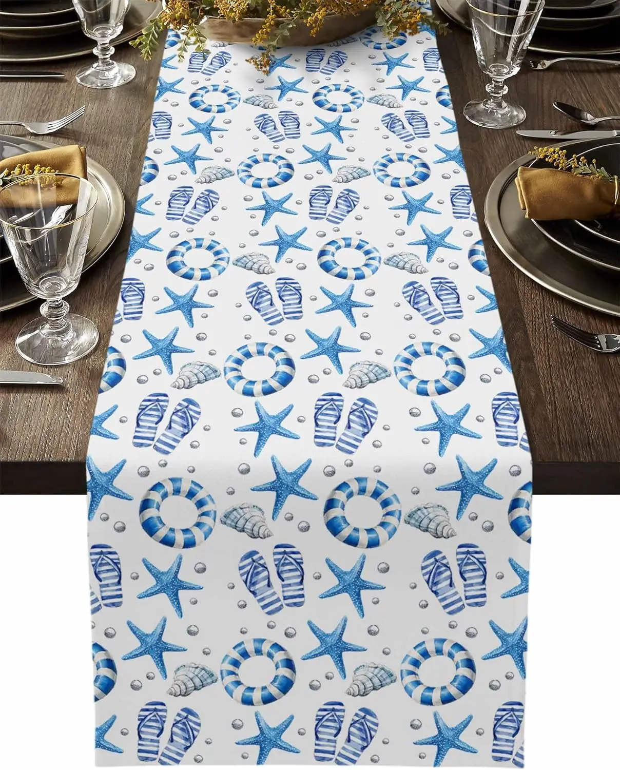 

Summer Seaside Starfish Linen Table Runner Party Decor Washable Blue Swimming Ring Kitchen Dining Table Runners Home Decorations