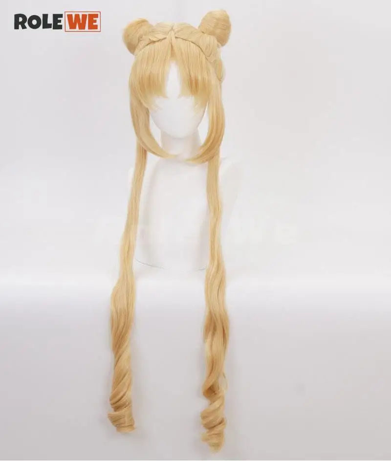 Tsukino Usagi peruka do Cosplay długie kręcone blond podwójne kucyki odporne na ciepło peruki syntetyczne + czapka z peruką